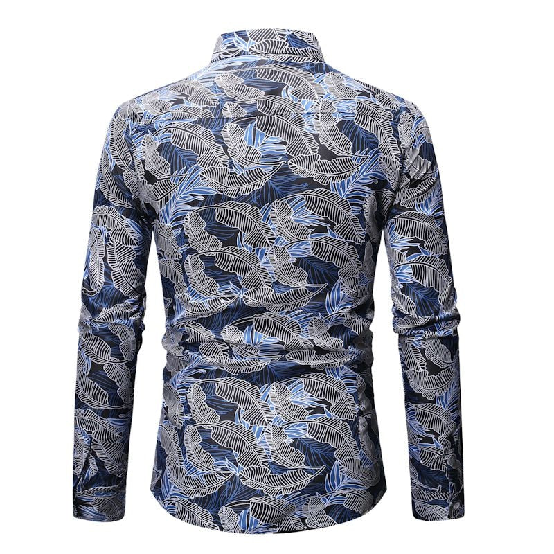 Casual Long Sleeve Hawaiian Leaf Print Men Shirt - FanFreakz