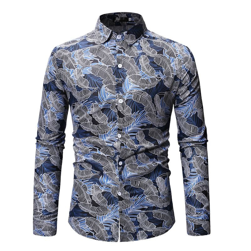 Casual Long Sleeve Hawaiian Leaf Print Men Shirt - FanFreakz