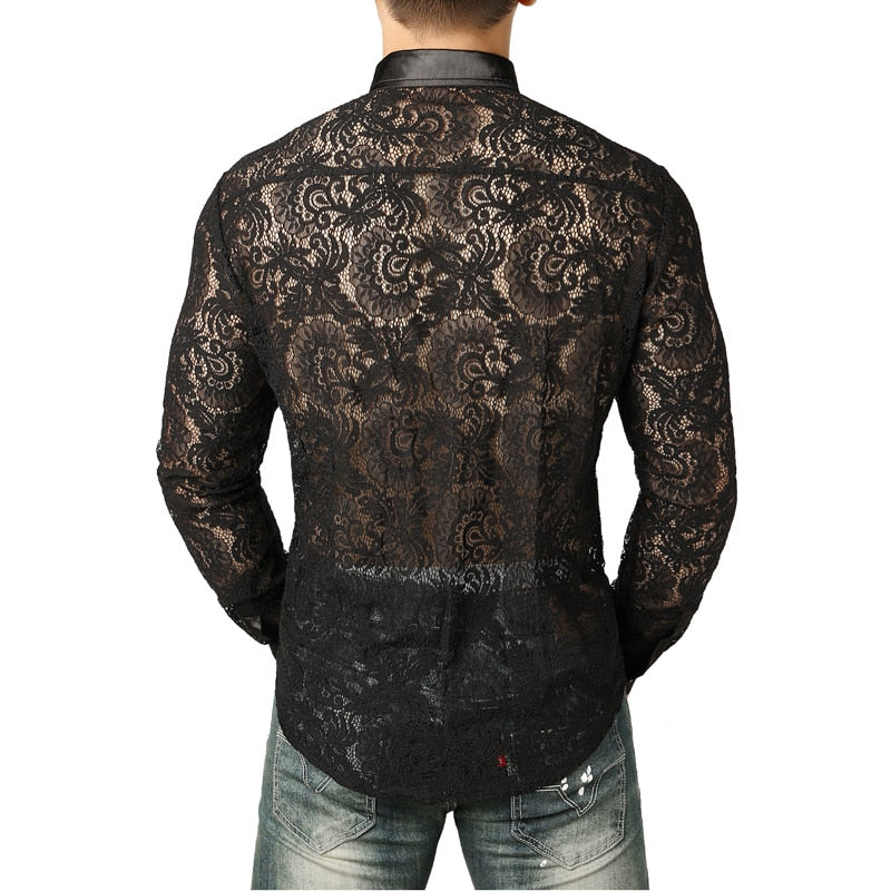 Black Lace Sexy See-through Men Long Sleeves Shirts - FanFreakz
