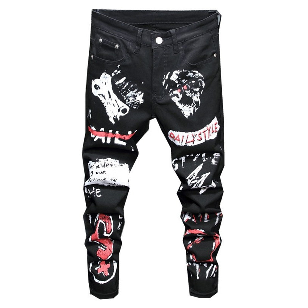 Punk Graffiti Style Printed Slim Fit Jeans