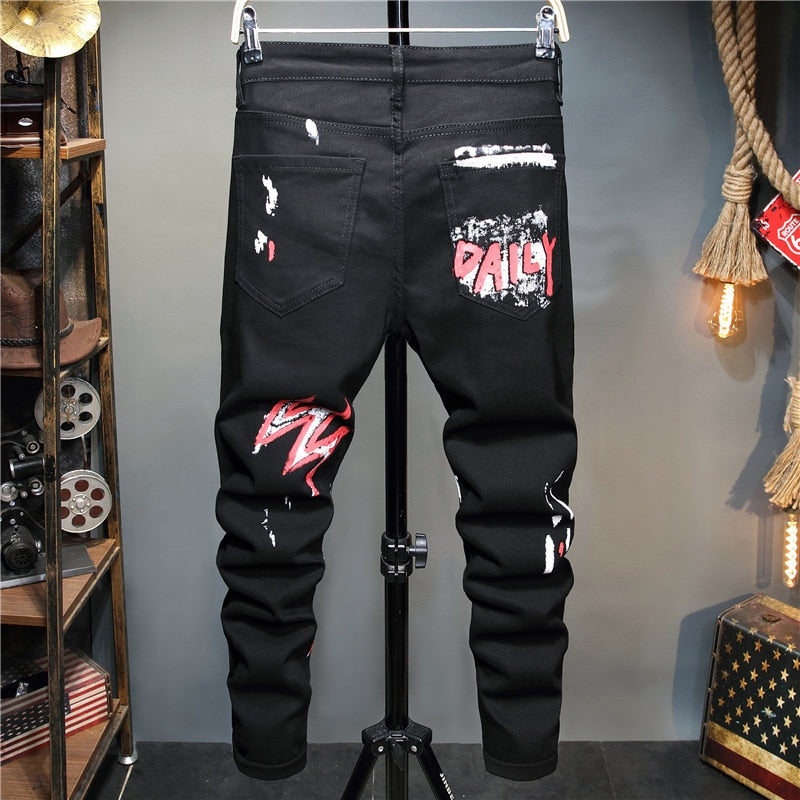 Punk Graffiti Style Printed Slim Fit Jeans
