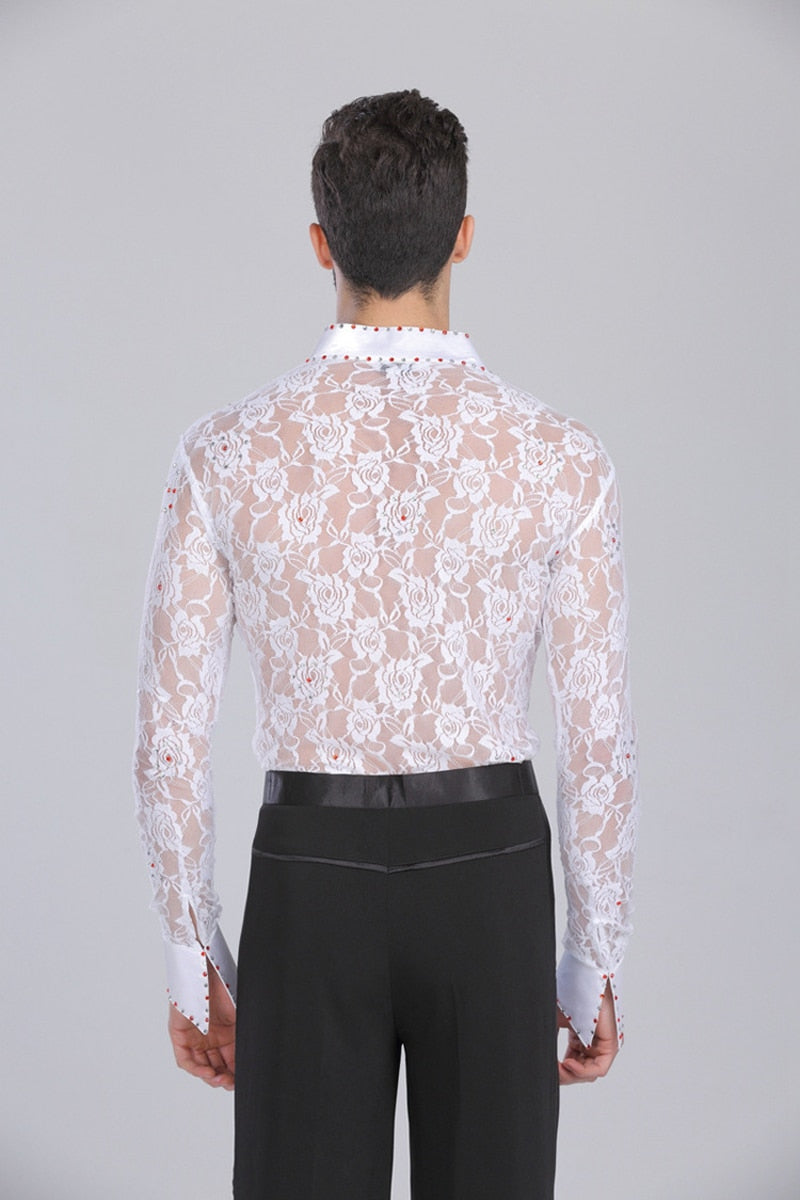 Deep V Lace Manches Longues Latin Salsa Style Hommes Chemises