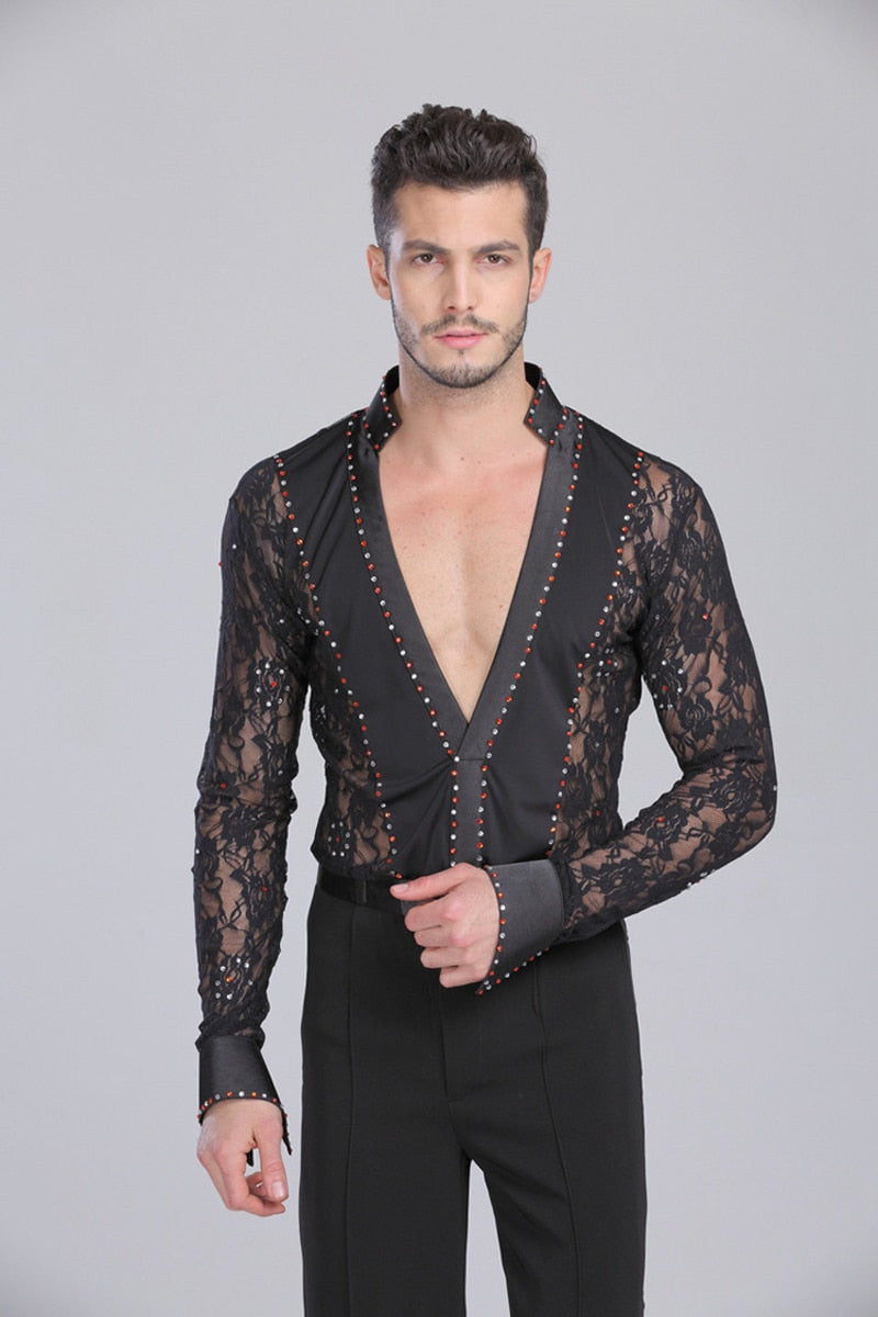 Deep V Lace Manches Longues Latin Salsa Style Hommes Chemises