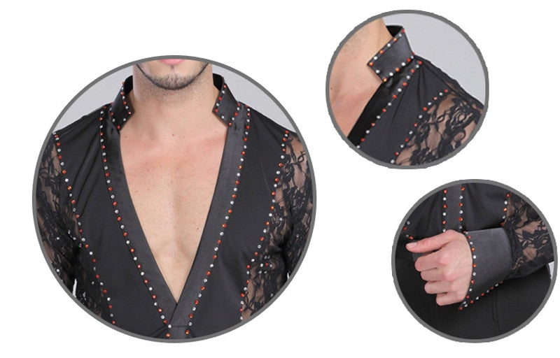 Deep V Lace Manches Longues Latin Salsa Style Hommes Chemises