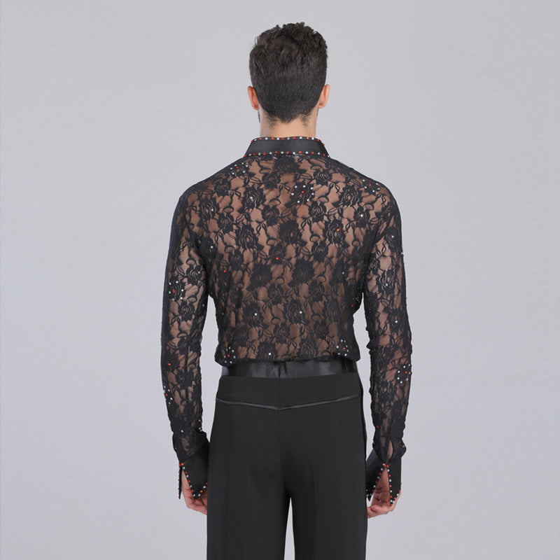 Deep V Lace Manches Longues Latin Salsa Style Hommes Chemises