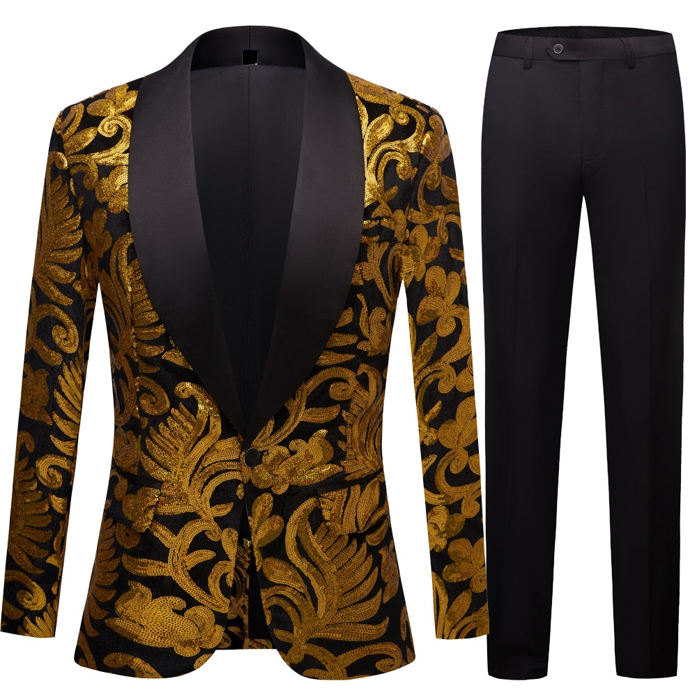 Gold Sequin Glitter Embellished Suit Blazer 2 Set