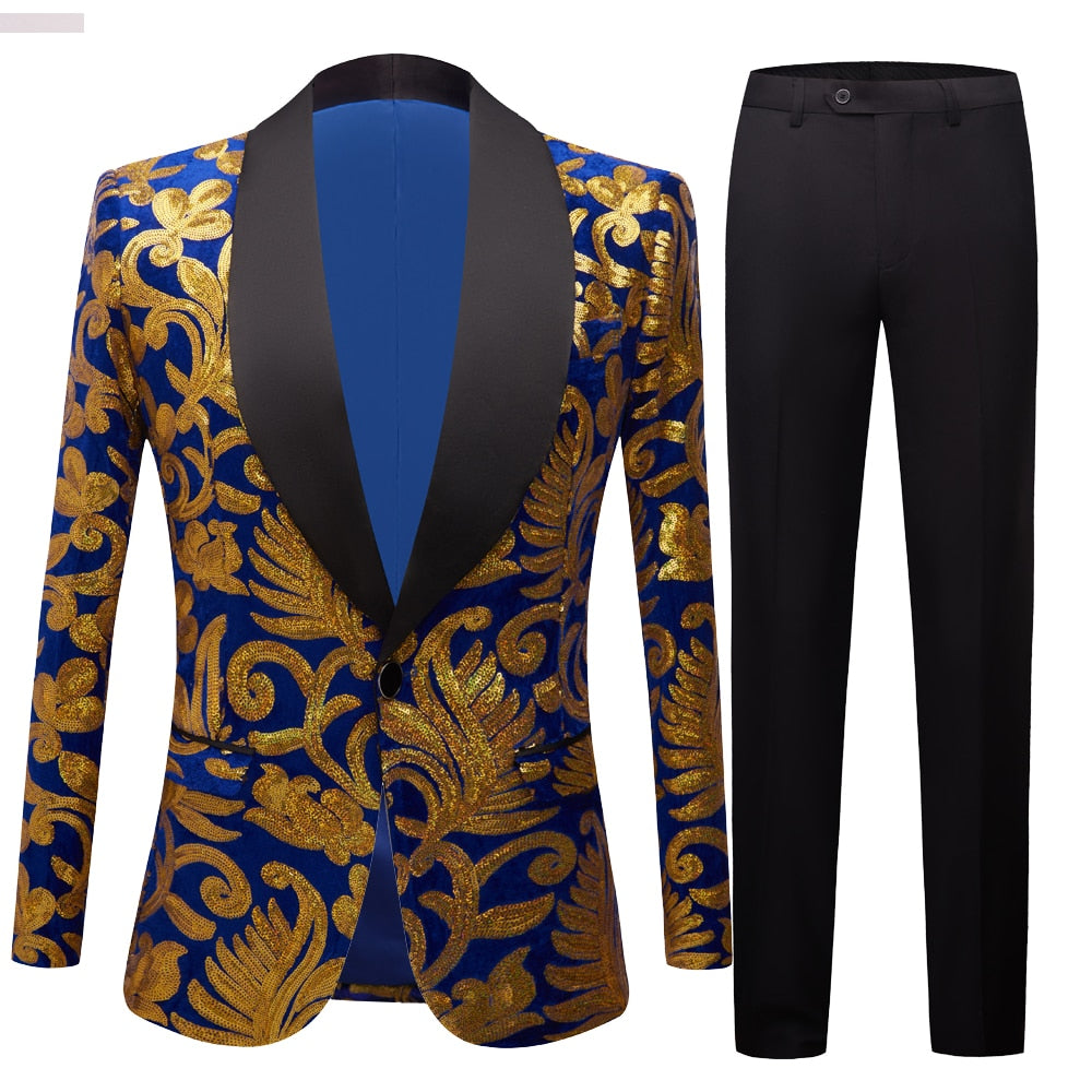 Gold Sequin Glitter Embellished Suit Blazer 2 Set