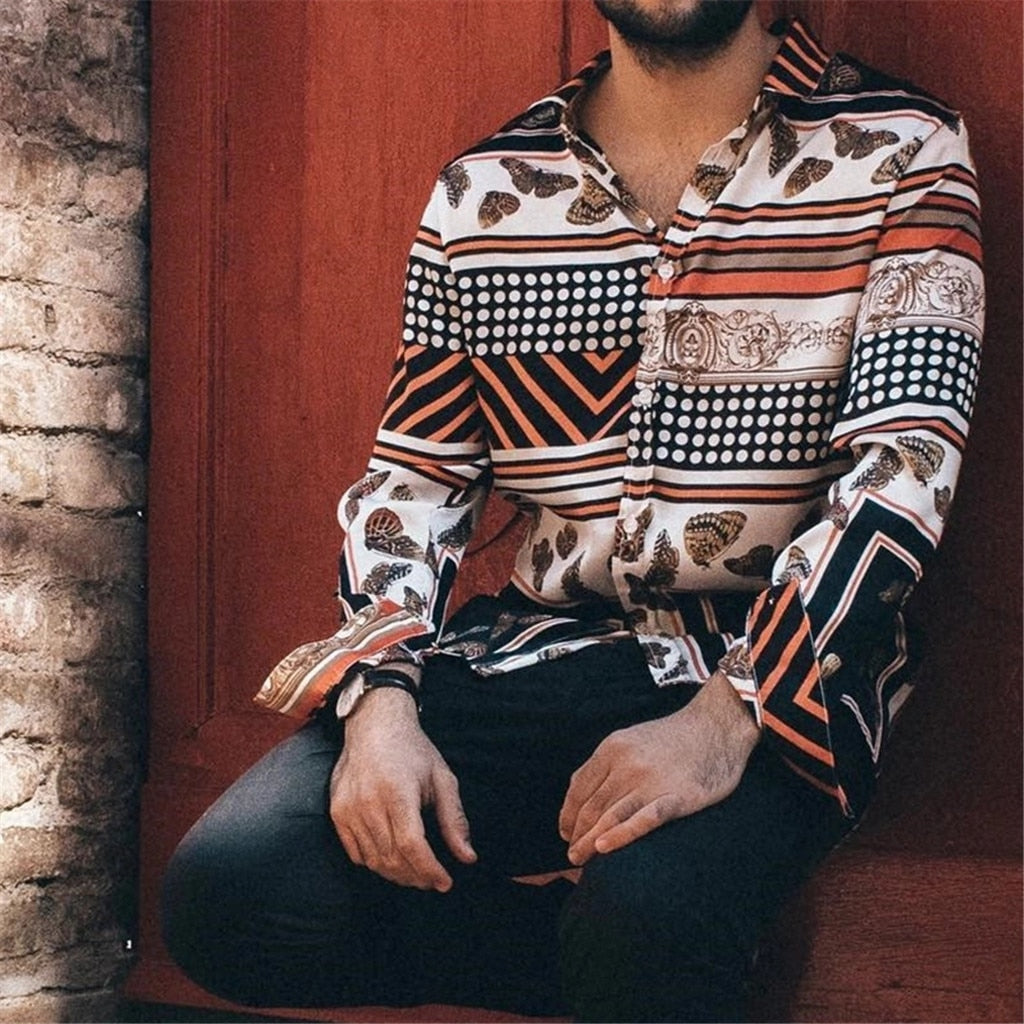 Mixed Pattern Long Sleeve Casual Print Men Shirts