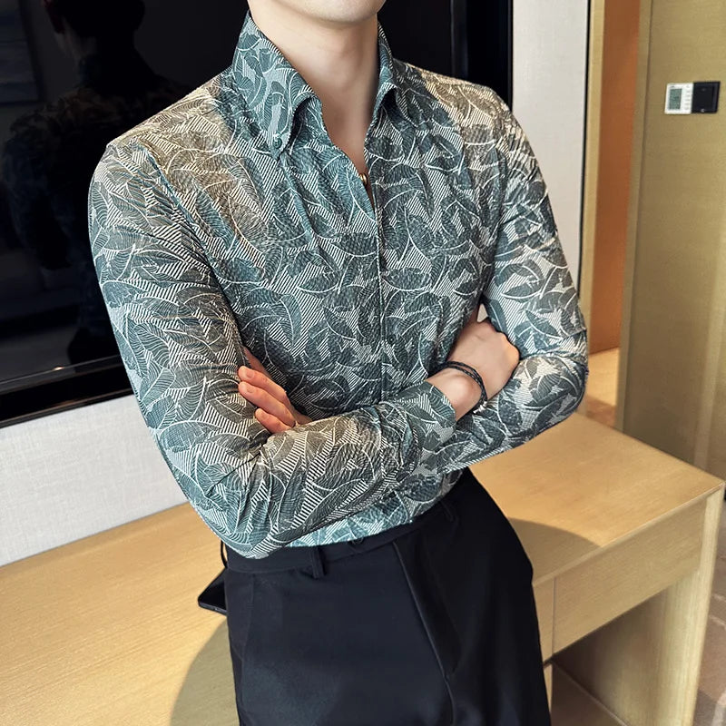 Leaves Geometric Slim Fit Long Sleeve Shirt