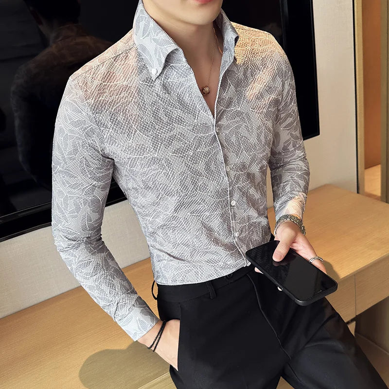 Leaves Geometric Slim Fit Long Sleeve Shirt