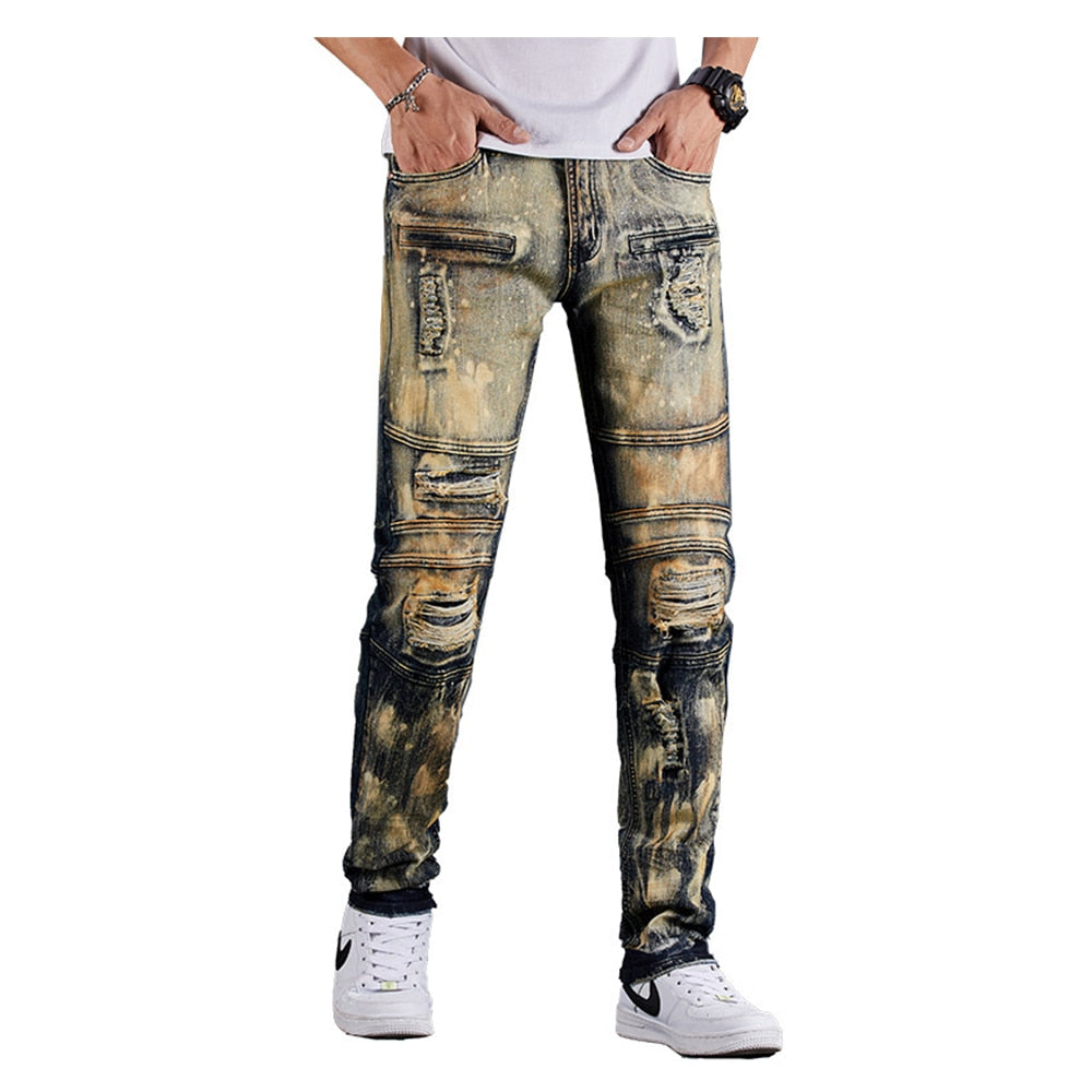 Beige Gradient Paint Stain Decorated Jeans