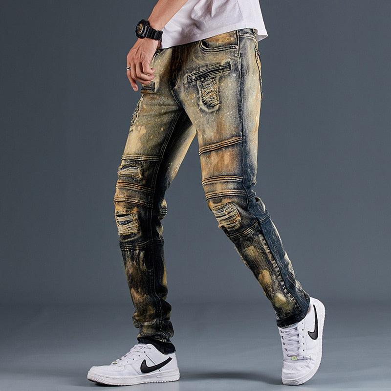 Beige Gradient Paint Stain Decorated Jeans