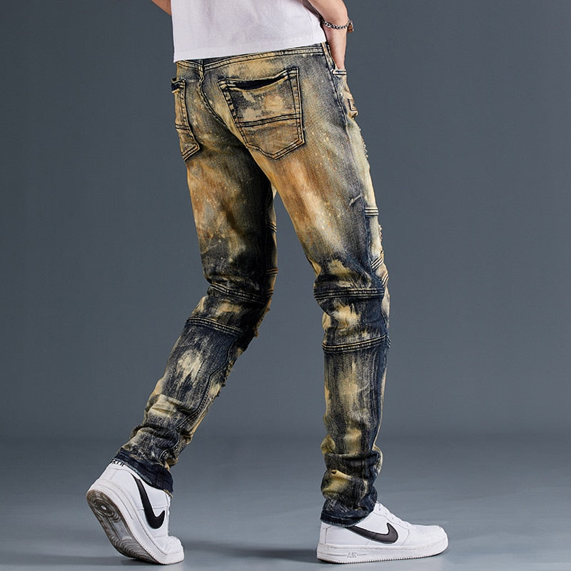 Beige Gradient Paint Stain Decorated Jeans