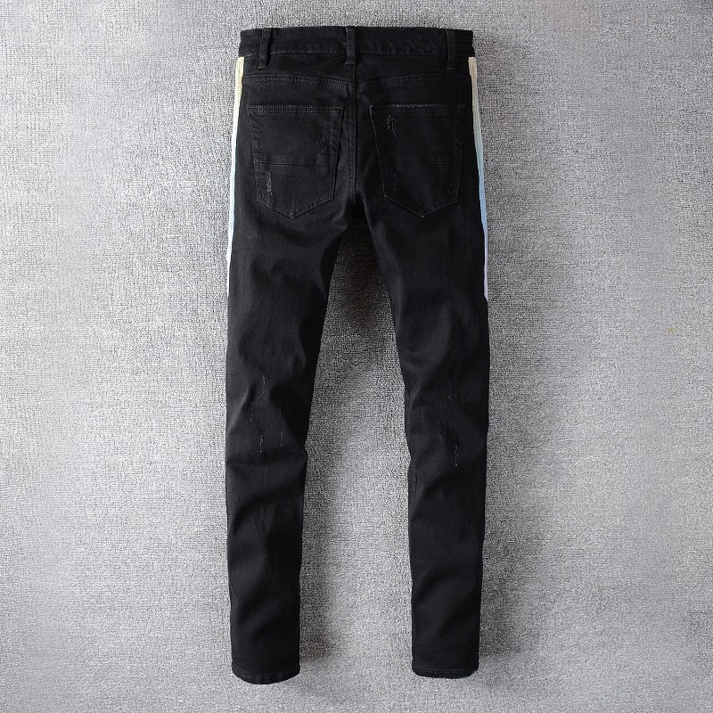 White Line Decorated Plain Ripped Jeans