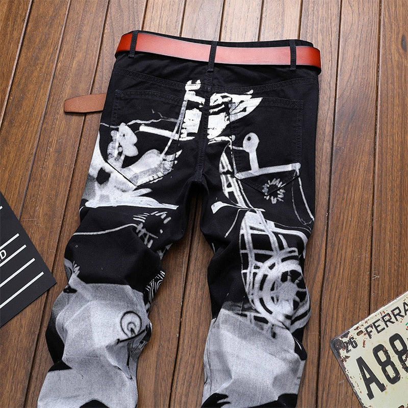 White Shark Painting Printed Black Jeans