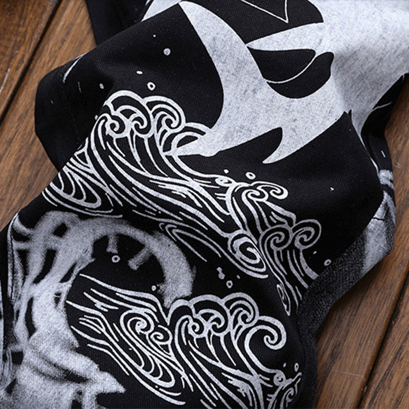 White Shark Painting Printed Black Jeans
