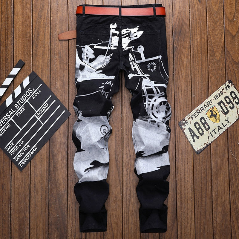 White Shark Painting Printed Black Jeans