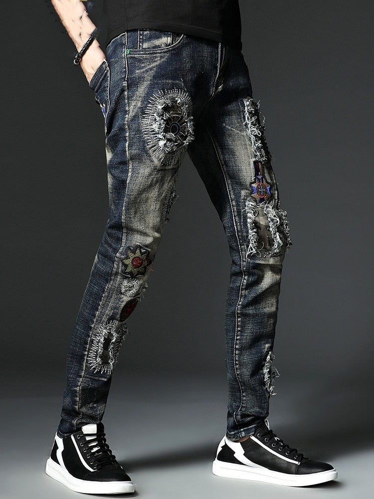 Badges Patch Embroidery Ripped Jeans