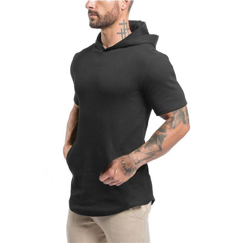 Men Short Sleeve Gym Style Hoodie T-Shirt