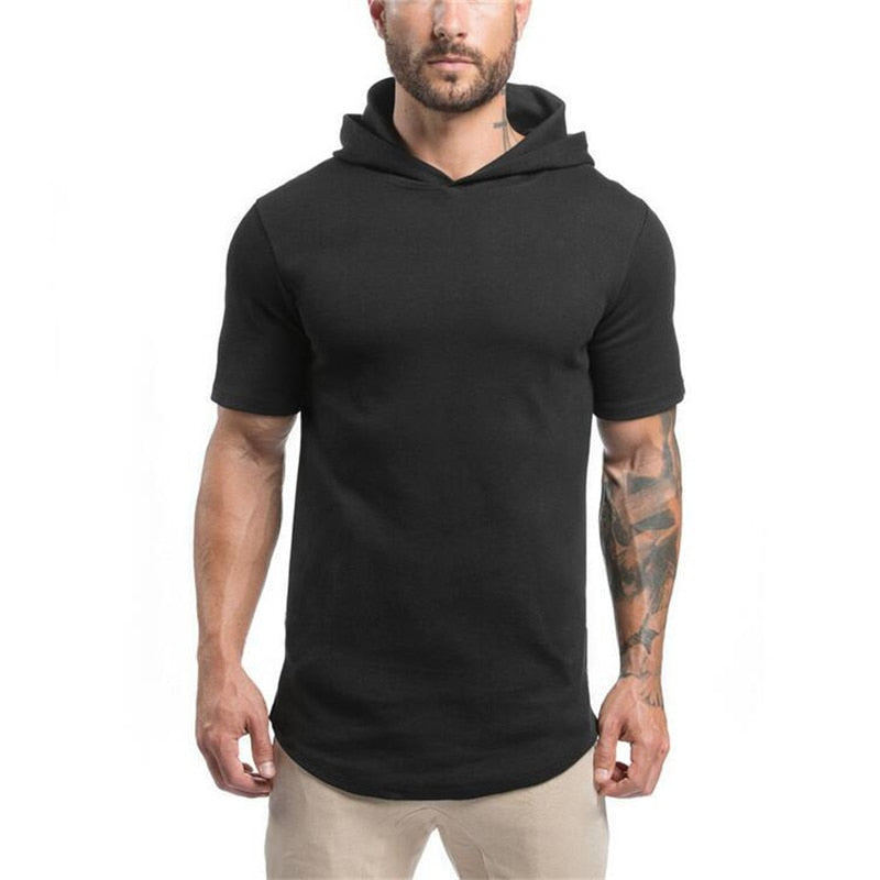 Men Short Sleeve Gym Style Hoodie T-Shirt