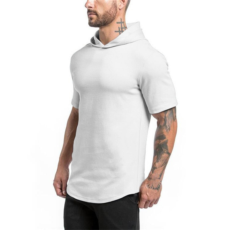Men Short Sleeve Gym Style Hoodie T-Shirt