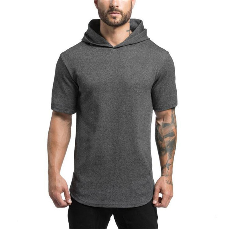 Men Short Sleeve Gym Style Hoodie T-Shirt