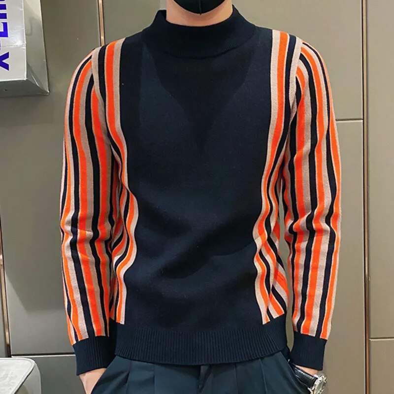 Side Contrast Color Stripe Turtleneck Sweater
