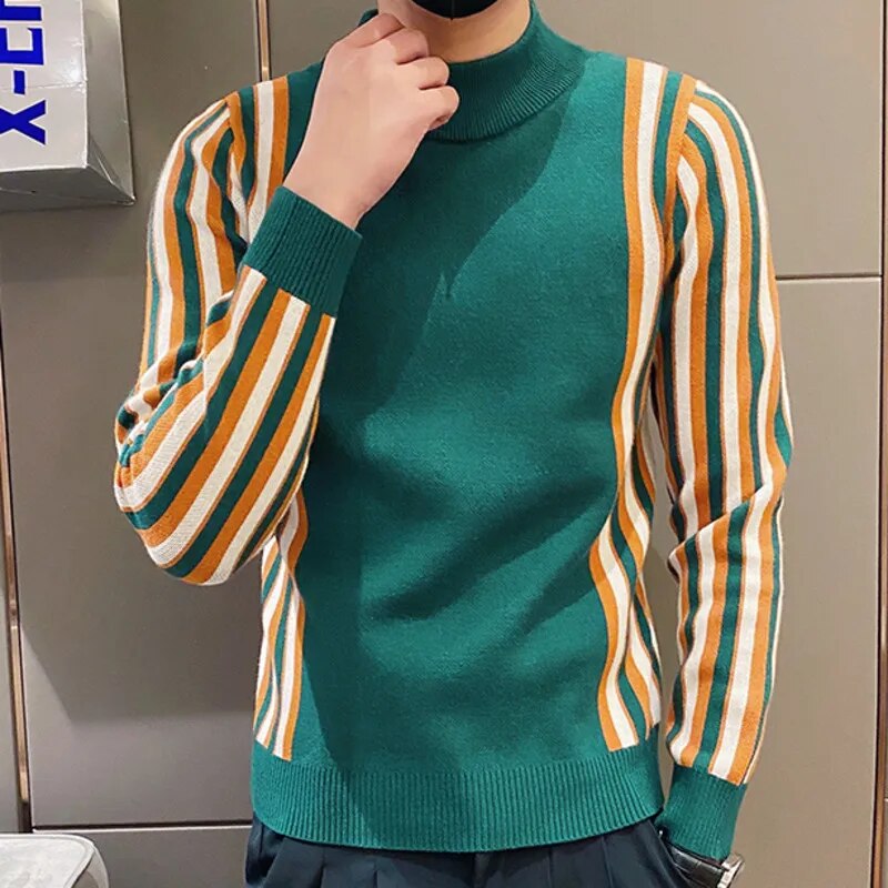 Side Contrast Color Stripe Turtleneck Sweater