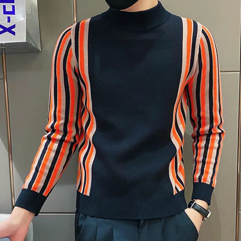 Side Contrast Color Stripe Turtleneck Sweater