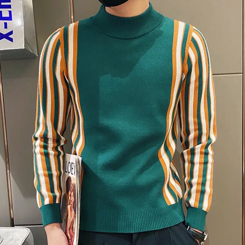 Side Contrast Color Stripe Turtleneck Sweater