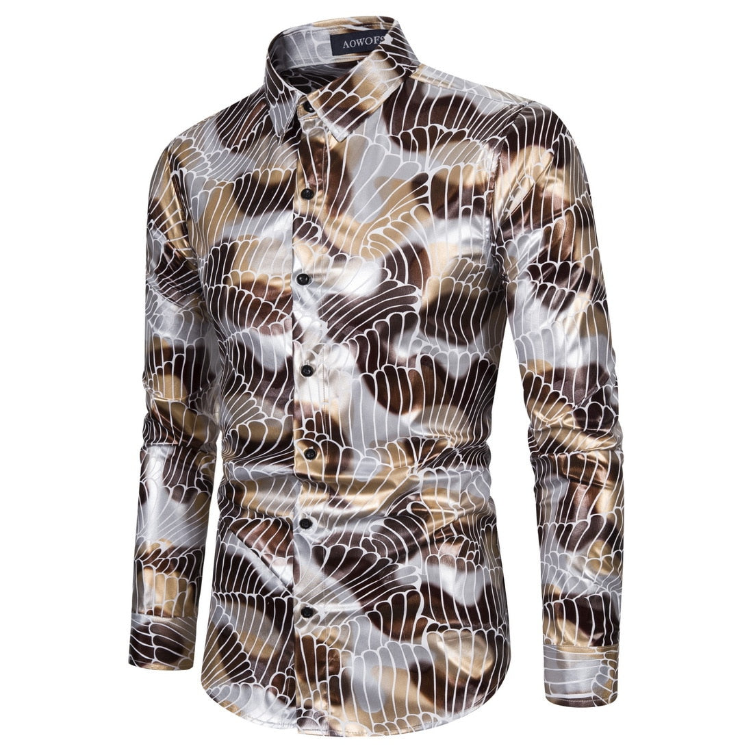 White Shining Gold Waves Printed Long Sleeve Shirt