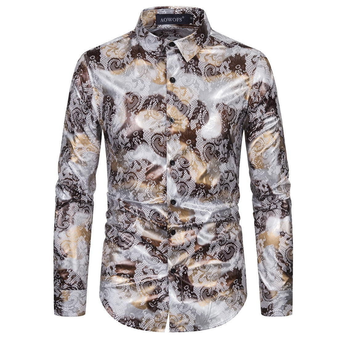 White Shining Gold Waves Printed Long Sleeve Shirt