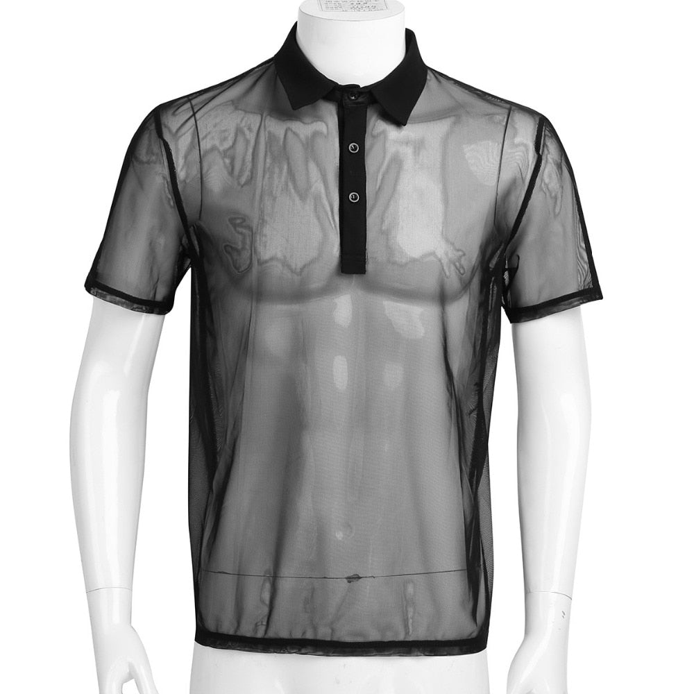Sexy Thin See Through Summer Short Sleeves Turn Down Collar Style Men Polo Shirt