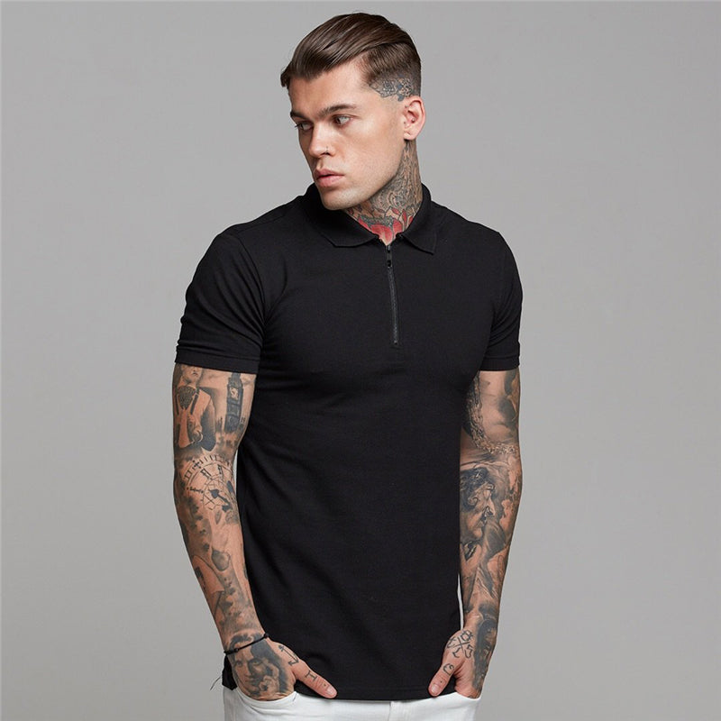 Solid Color Zippered Collar Men Polo Shirt