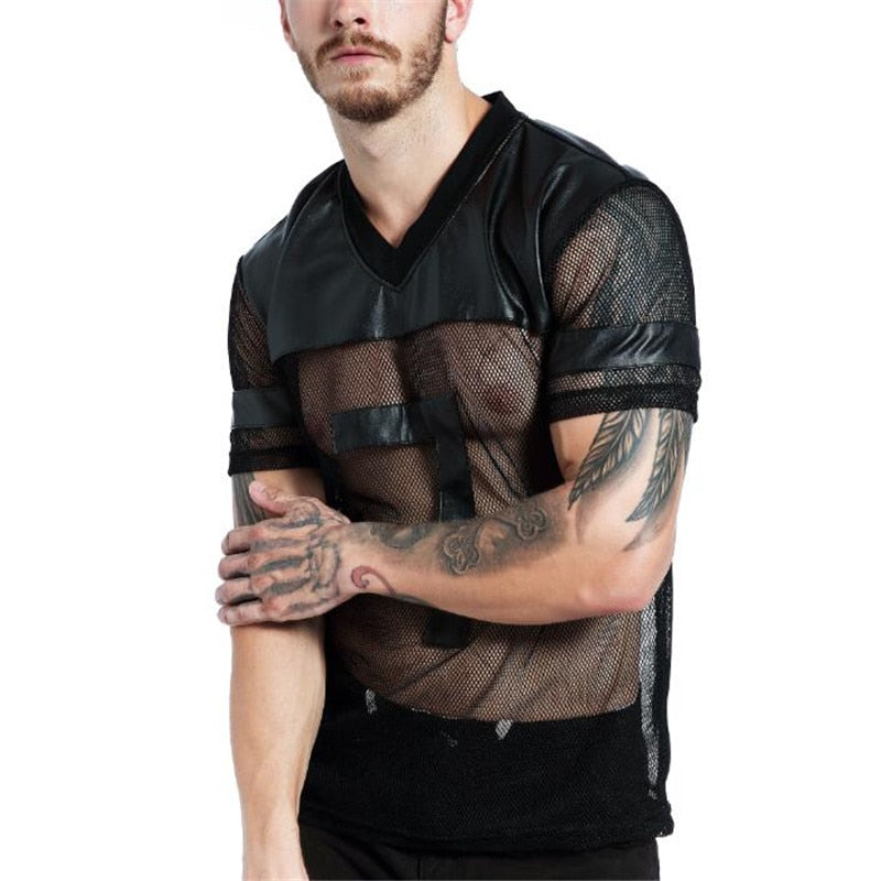 Black Faux Leather with Sexy See Through Mesh Design Men V Neck T-shirt - FanFreakz