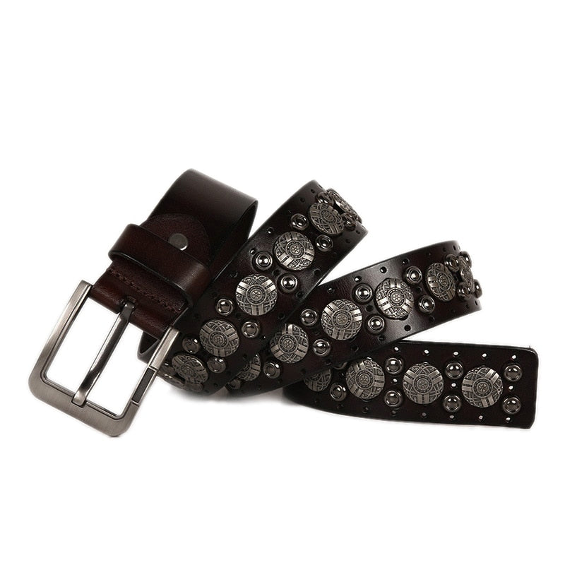 Floral Geometric Metal Studded Leather Belt