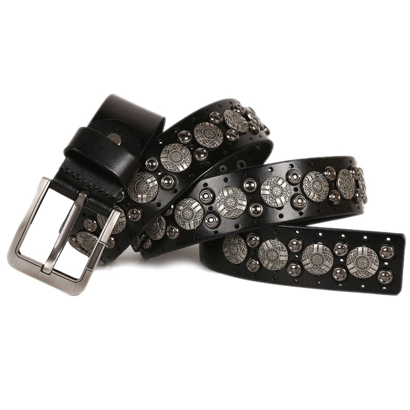 Floral Geometric Metal Studded Leather Belt