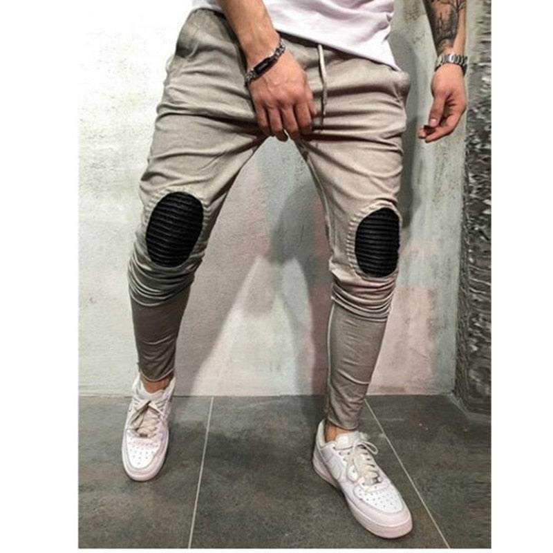 Oval Patched Knee Streetwear Men Drawstring Pants