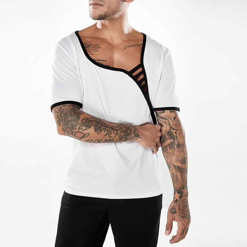 Low Neck Splice Net Summer Style Men T-Shirt