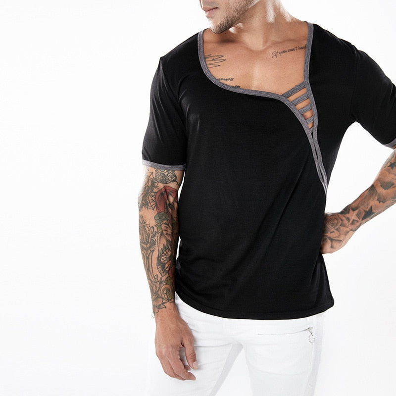 Low Neck Splice Net Summer Style Men T-Shirt