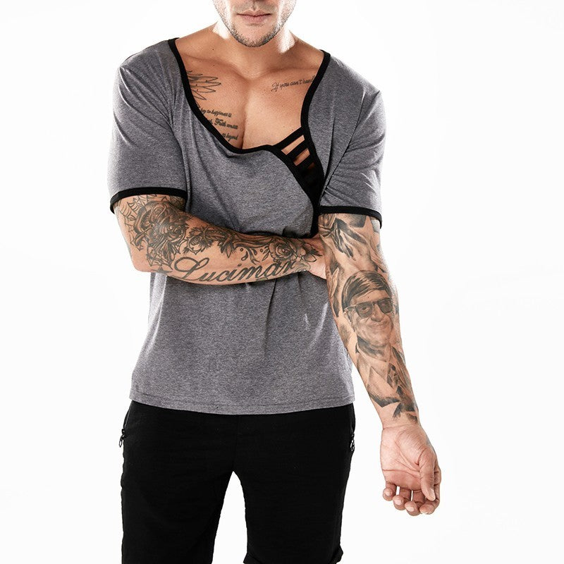 Low Neck Splice Net Summer Style Men T-Shirt