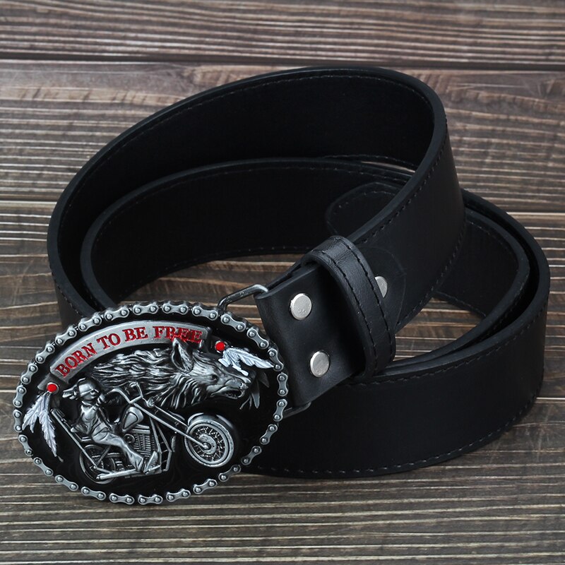 Biker and Wolf Buckle Faux Leather Belt