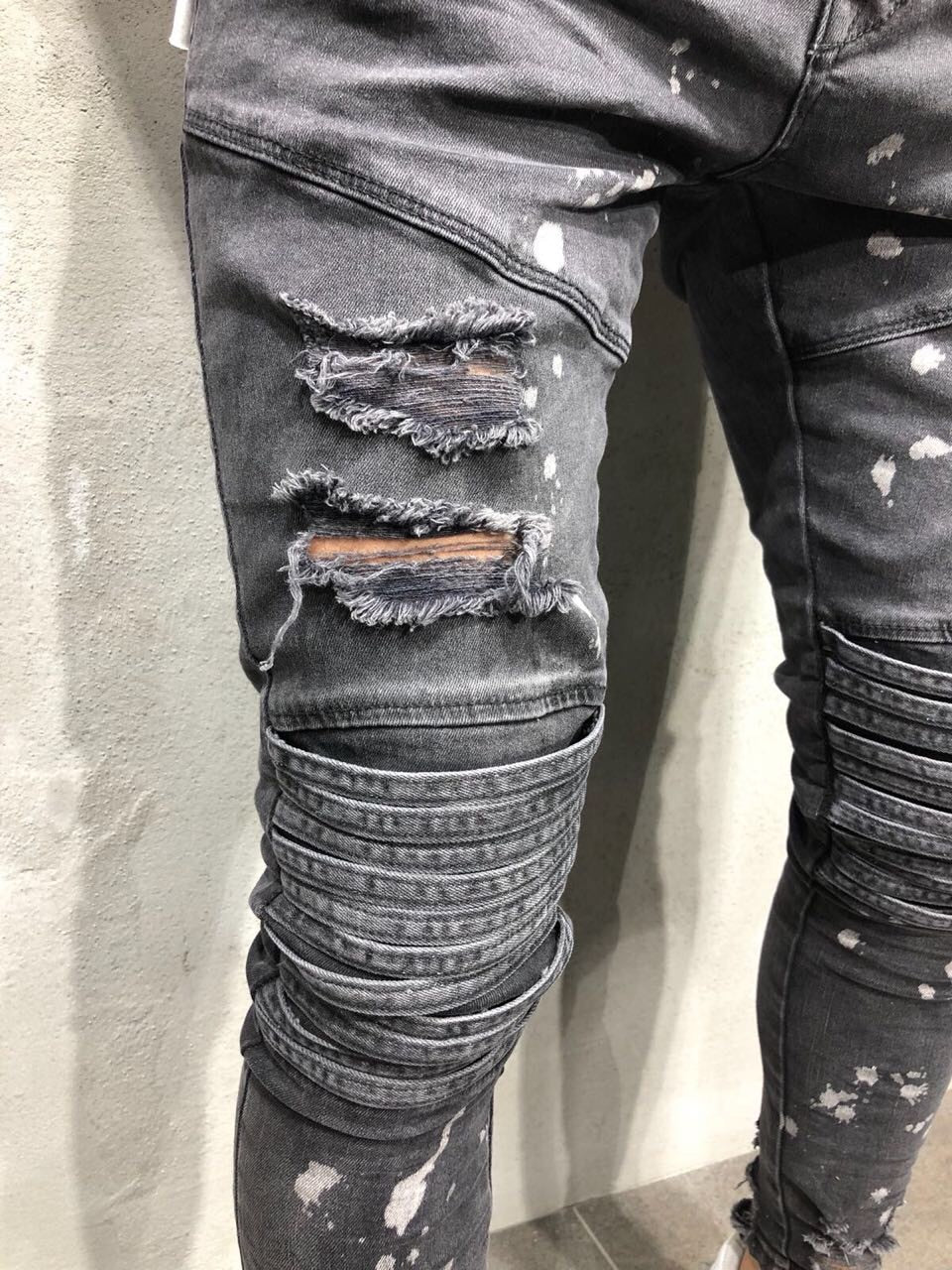 Faded Dark Grey Hollow Out Paint Spots Detail Men Jeans