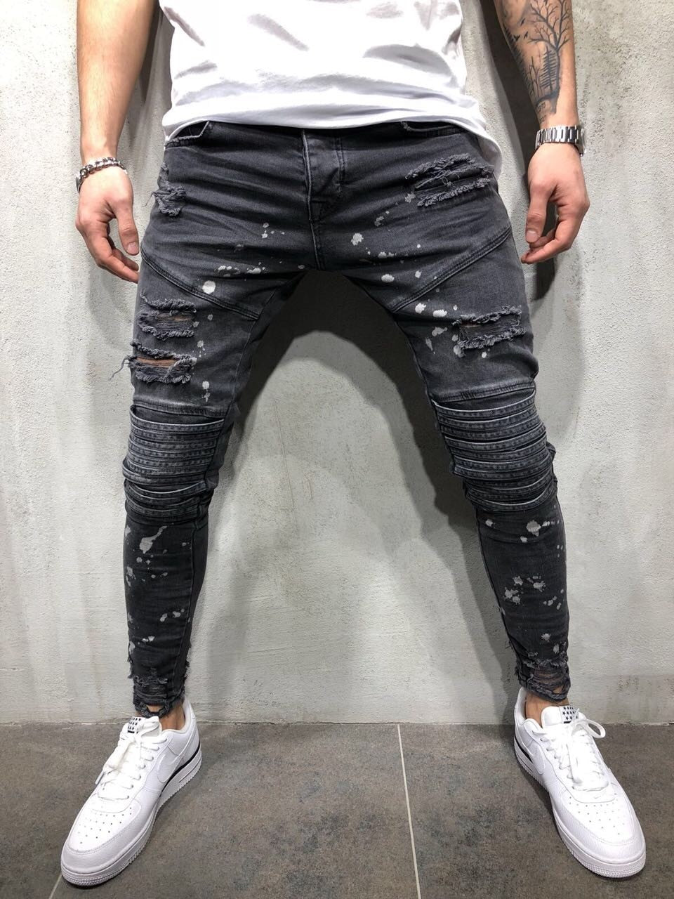 Faded Dark Grey Hollow Out Paint Spots Detail Men Jeans