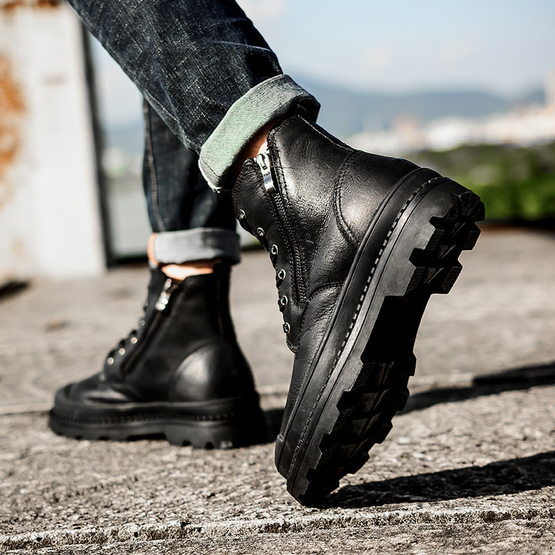 Bottes pour hommes de style basique à fermeture éclair chaude en cuir véritable rétro