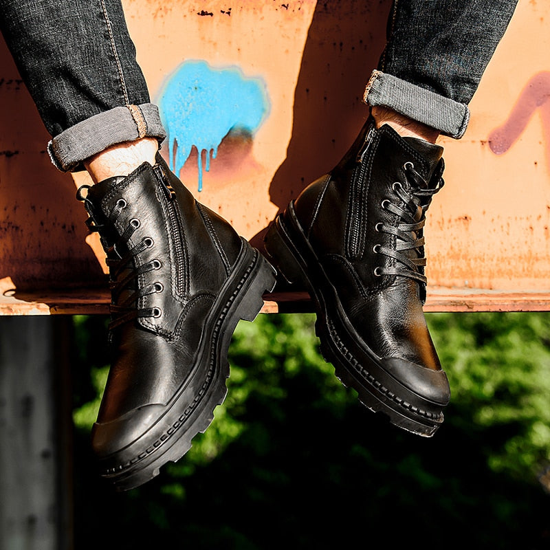 Bottes pour hommes de style basique à fermeture éclair chaude en cuir véritable rétro