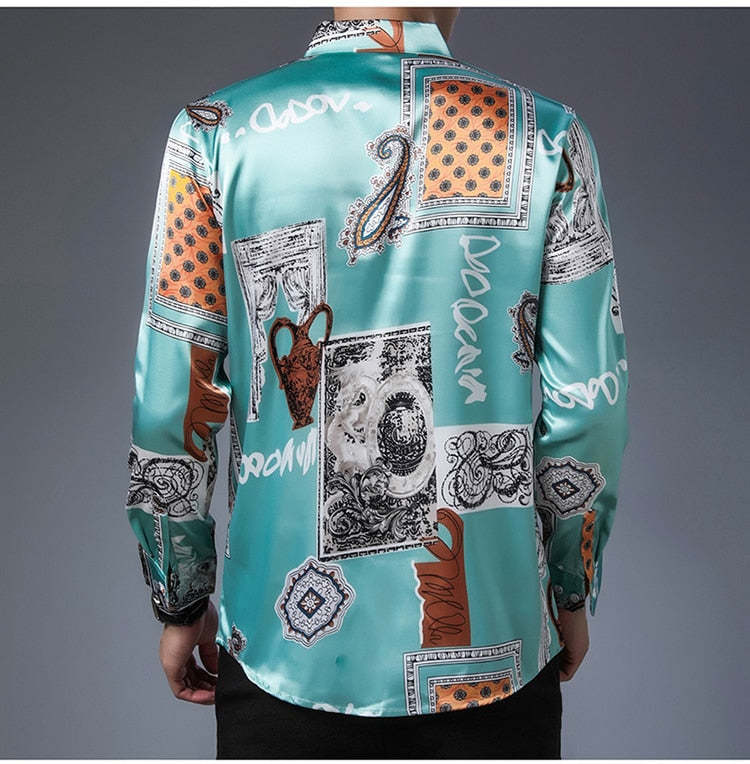 Vintage Patchwork Pattern Printed Long Sleeve Shirt