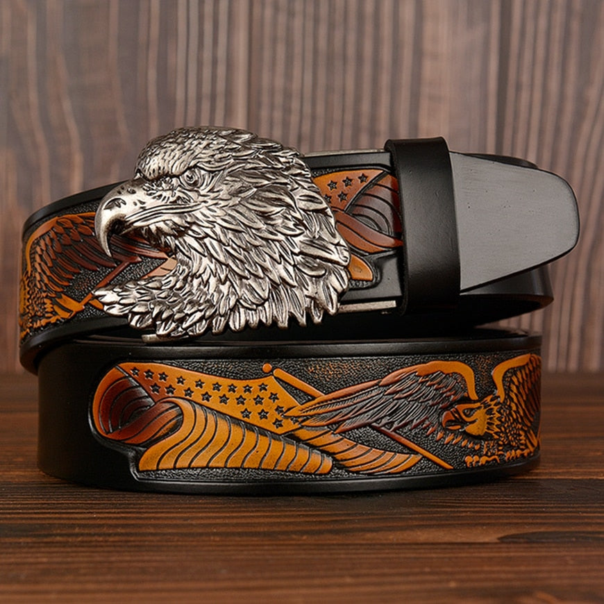 Intricate Eagle Pattern and Buckle Leather Belt