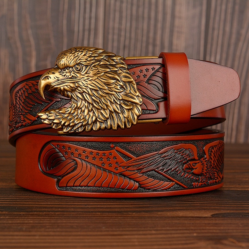 Intricate Eagle Pattern and Buckle Leather Belt
