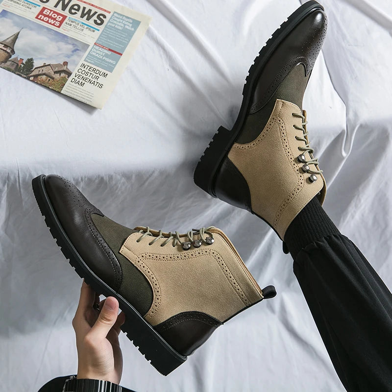 Mix Color Suede Leather Lace-up Martin Boots